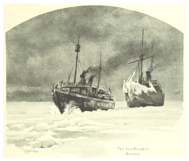 Zwei Boote sind im Wasser mit einem Himmel im Hintergrund, und ein Text unten lautet "Der Eisbrecher Murtaja".
