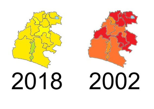 Karte von Deutschland, die die provinziellen Grenzen von 2002 und 2018 in Gelb, Rot und Orange auf einem weißen Hintergrund hervorhebt.
