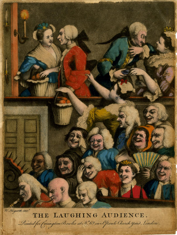 Ein Bild einer lachenden Menge mit Menschen im Vordergrund und einer Tür und Wand im Hintergrund, mit dem Text "Die Lachende Menge" unten.