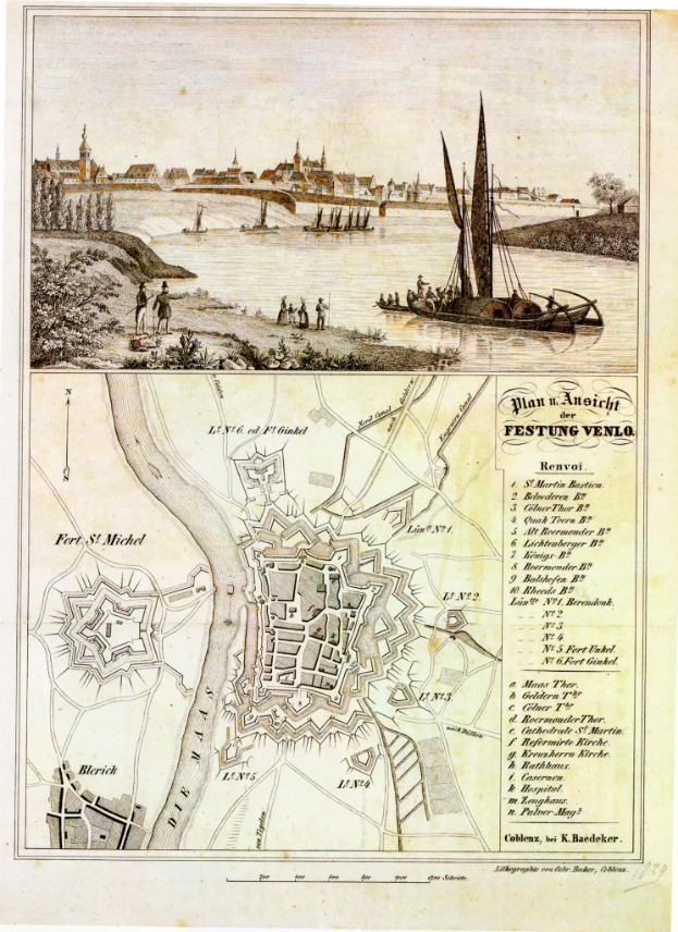 Ein altes Stadtplan von Hamburg, Deutschland, mit einem Boot auf dem Wasser, Menschen, Bäumen, Gebäuden und einem Himmel, mit begleitendem Text.
