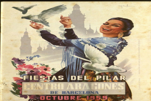 Ein Plakat, das ein Festival in Barcelona, Spanien, bewirbt, das eine Frau mit einem menschlichen Gesicht zeigt, die von Vögeln und Blumen umgeben ist, mit Gebäuden im Hintergrund und Text.