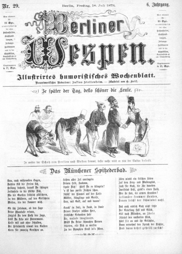Eine alte Zeitung mit einer Karikatur eines Mannes in Zylinder und einer Frau in einem Kleid, beide sehen besorgt aus, betitelt "Berliner Wespn, Juli 1873".