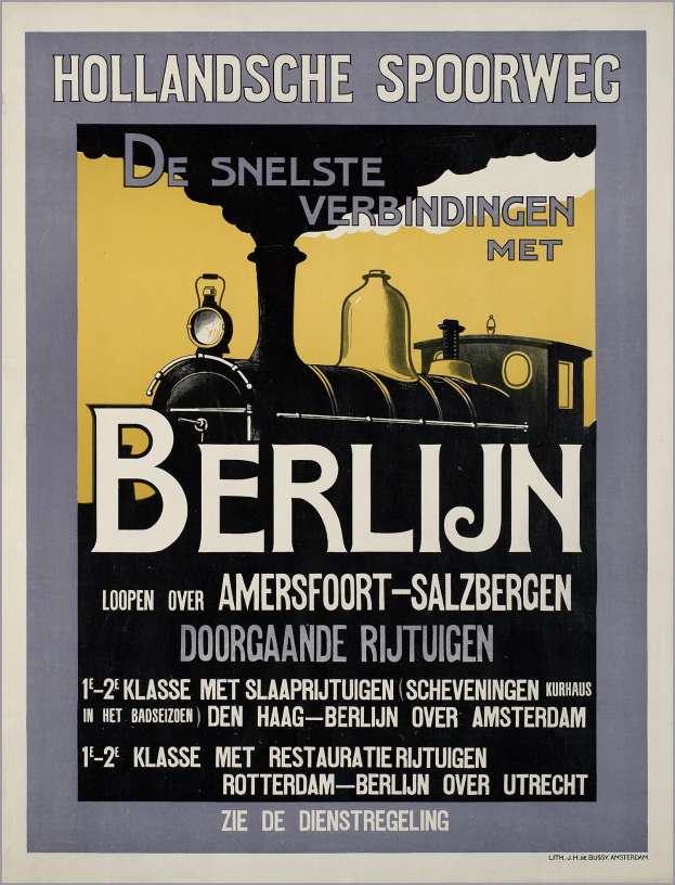 Plakat in Berlin, Deutschland, das eine Bahn mit einem Bild der Bahn und Text auf der Seite ankündigt.