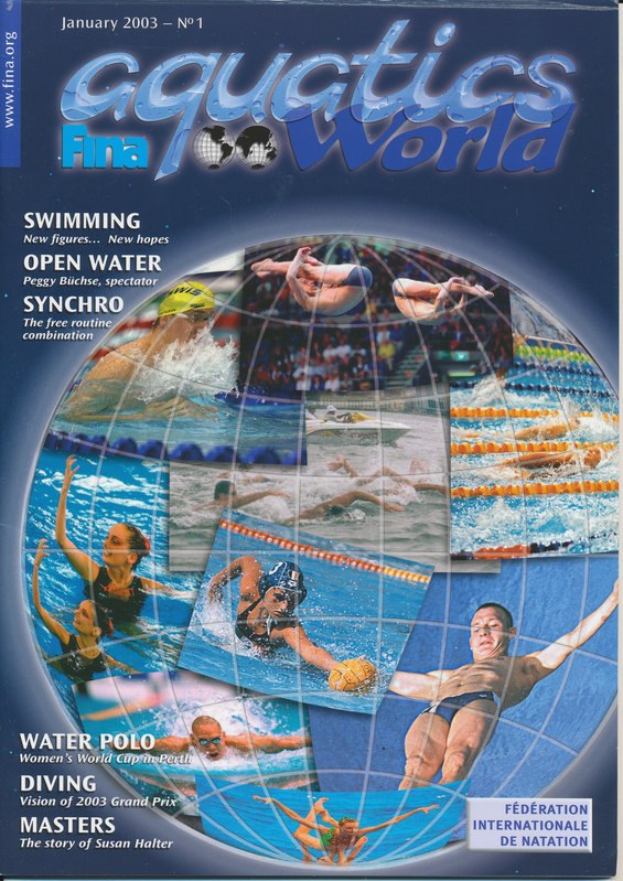 Titelbild der Januarausgabe 2003 des Aquatics FINA World Magazins, das Schwimmer bei einer synchronisierten Übung in tiefblauem Wasser unter einem hellblauen Himmel zeigt, mit dem Magazintitel in fetter weißer Schrift oben drauf.