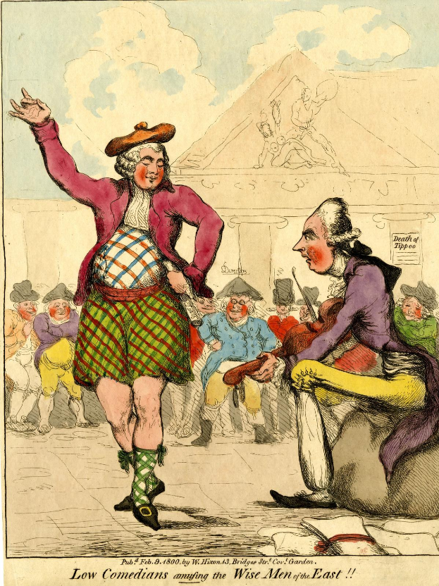 Zeichnung eines Mannes in einem Kilt und einer Frau in einem Kleid, die vor einer Menge stehen, mit einem Gebäude und Wolken im Hintergrund und Text unten, der 'Niedrige Komiker, die die weisen Männer des Ostens unterhalten' lautet