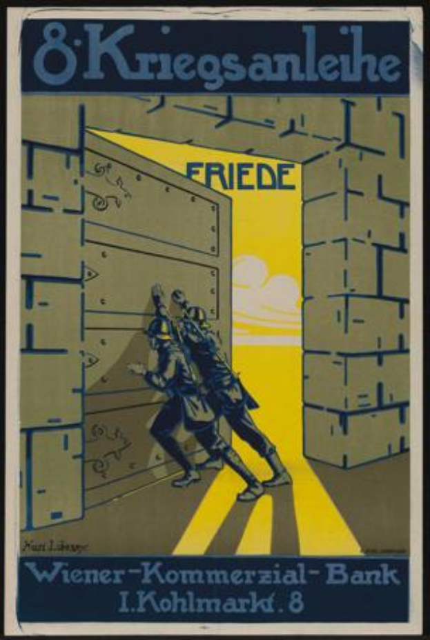 Ein Plakat, das die 8. Kriegsanleihe Friede der Deutschen Bank bewirbt, zeigt zwei Personen vor einer Wand mit Text.