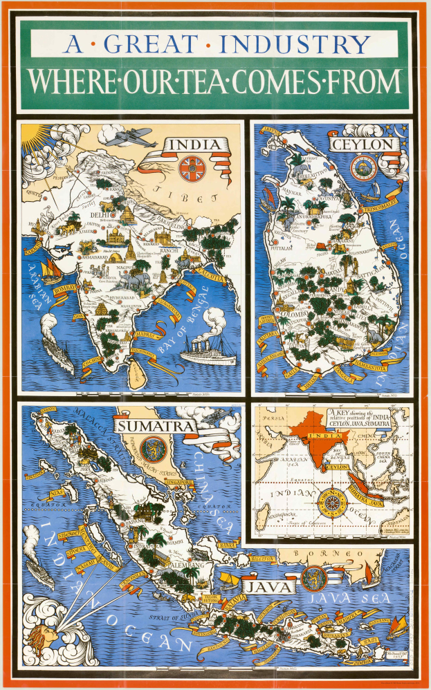 Ein Plakat mit einer bunten Karte von Indien umgeben von der Schrift "Eine Große Industrie, Wo Unser Tee Herkommt" in fetter schwarzer Schrift.