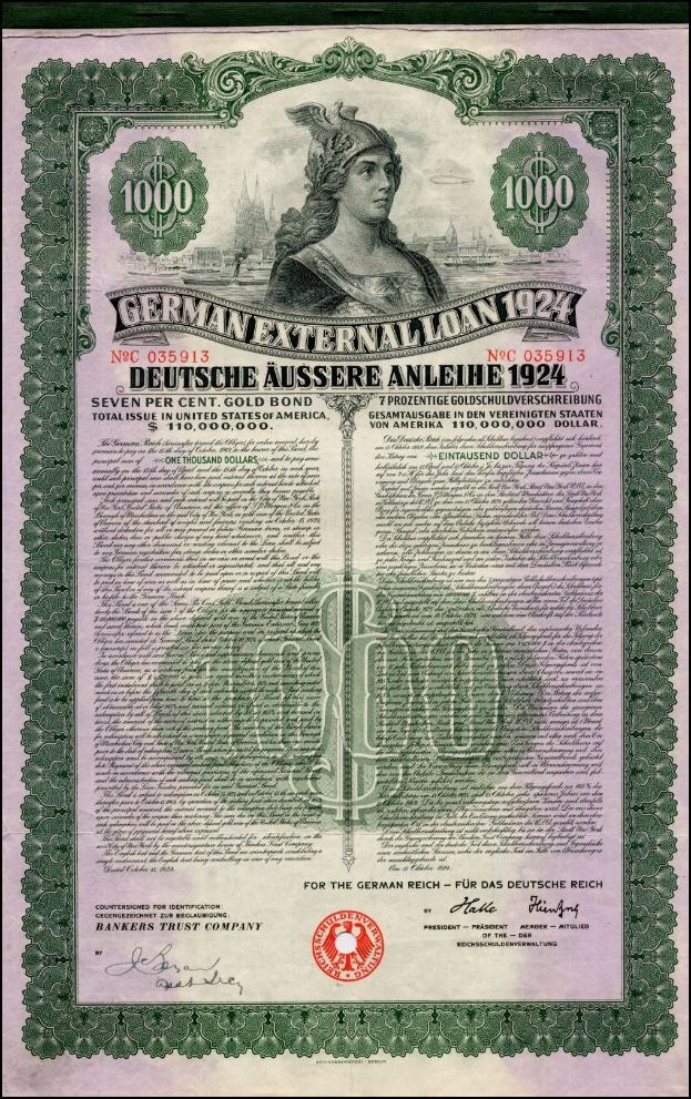 Ein alter deutscher Außenkredit von 1924 mit einem Porträt einer Frau, mit Text und Zahlen, die seine Nennwert angibt.