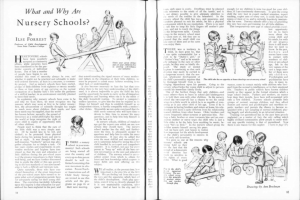 Offenes Buch mit Illustrationen von Kindern beim Spielen in einer Kita, begleitet von Text und einer Objektliste.