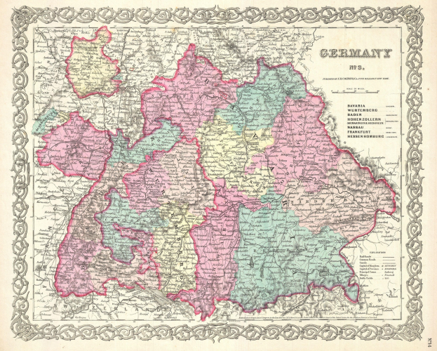 Alte Deutschlandkarte zeigt die Provinzen Bayern, Baden-Württemberg und Baden auf Papier mit Text zu den Regionen.