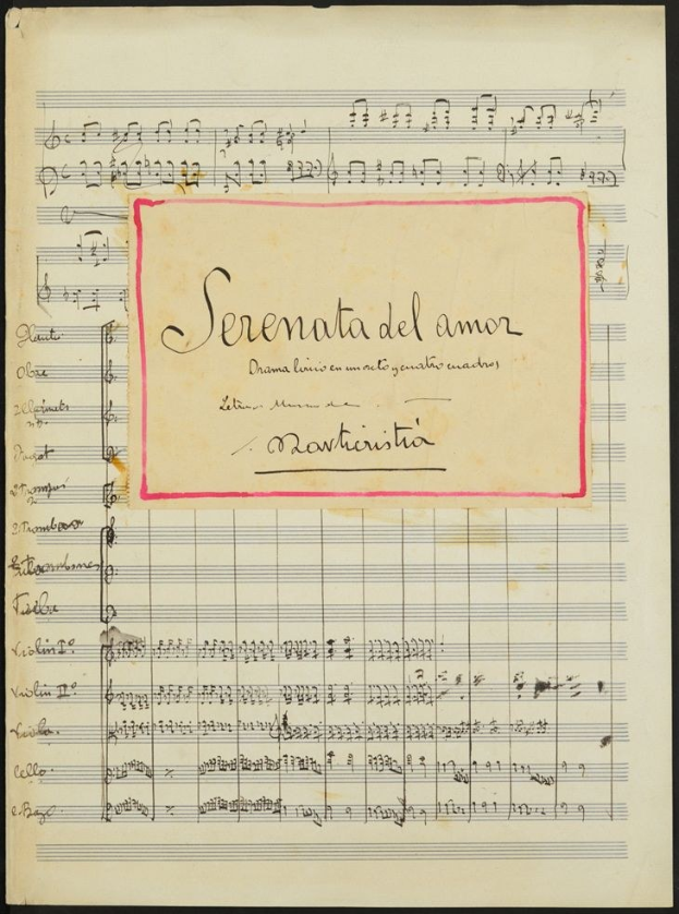 Notenblatt mit dem Titel "Serenata del Amor" auf altem Papier gedruckt.