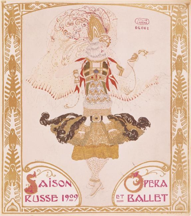 Plakat für eine Pariser Ballettvorstellung im Jahr 1909 mit dem Titel "Saison Russe" und einer gemalten Tänzerin in einer anmutigen Pose.
