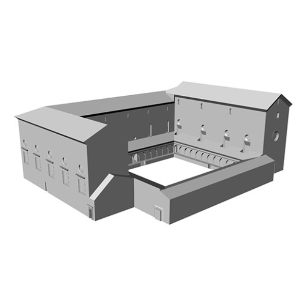 3D-animiertes Modell einer Konzerthalle mit zahlreichen Fenstern, dargestellt in einem lebendigen und farbenfrohen Stil.