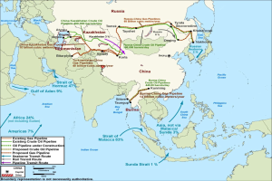 Ein detaillierter Weltkartenplakat, der vorgeschlagene Öl- und Gasleitungen, wichtige Städte und Gewässer zeigt, mit begleitendem Text, der die Zwecke und Vorschläge der Leitungen beschreibt.
