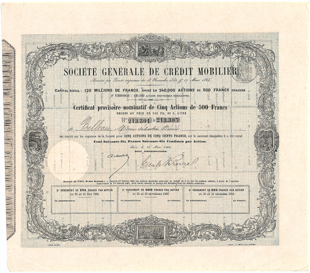 Ein altes Aktienzertifikat der Société Générale de Crédit Mobilier, das den Text der Bankdienste enthält.