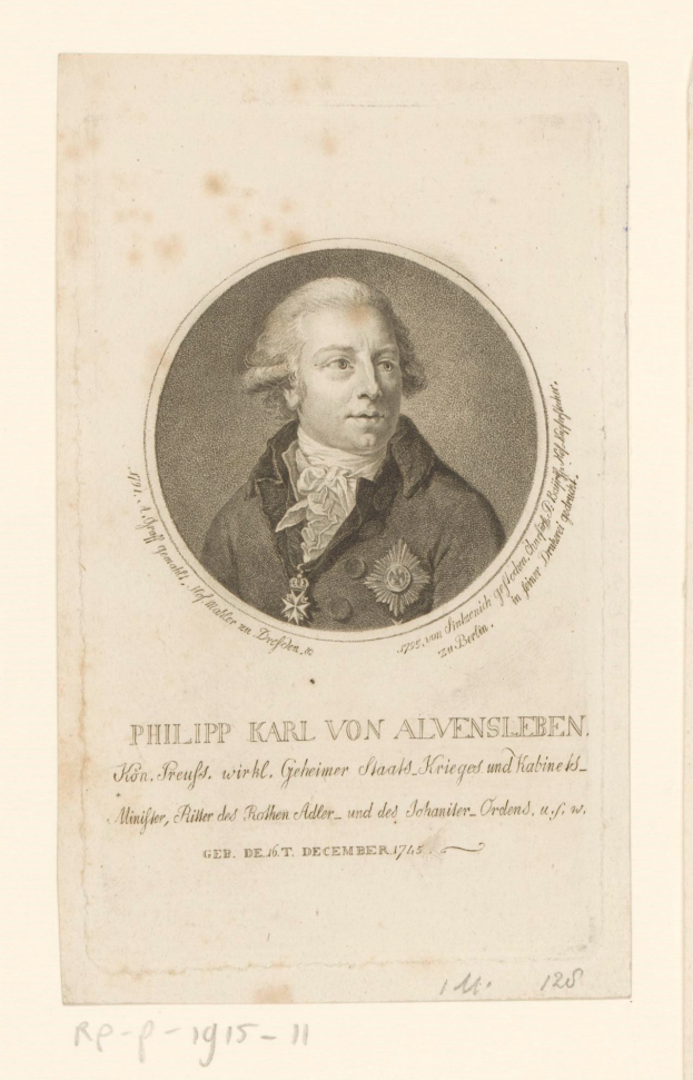 Porträt von Philipp Karl von Alvensleben, einem deutschen Staatsmann, der einen Anzug und eine Krawatte trägt und ernst schaut, mit dunklen Haaren und vor der Brust verschränkten Händen, der abwesend in die Ferne schaut, mit Text auf dem Bild.