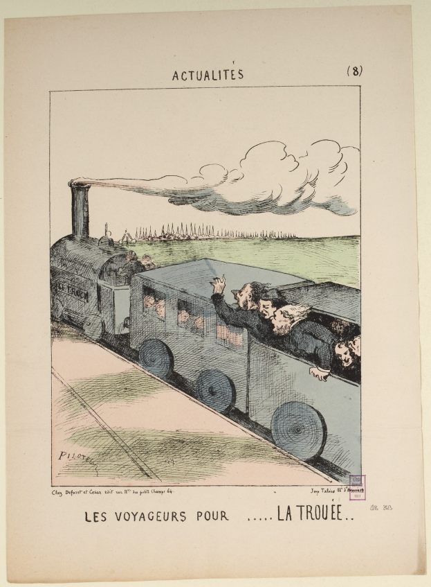 Eine Karikatur eines Zuges mit Menschen darauf auf einer Schiene, begleitet von Text.