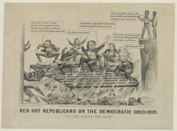 Ein Blatt Papier mit einer Zeichnung von aufgewühlten roten heißen Republikanern auf einem demokratischen Gridiron, mit fetter schwarzer Schrift, die die Dringlichkeit der Situation betont.