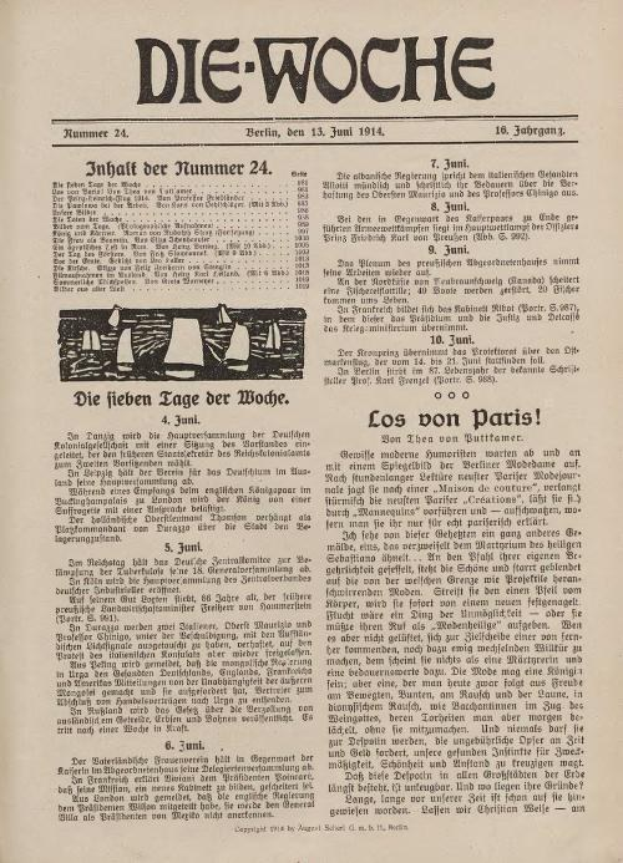 Eine alte deutsche Zeitung, "Die Woche", vom 13. Juni 1914 mit einem Schwarz-Weiß-Bild eines Mannes im Anzug und Krawatte.
