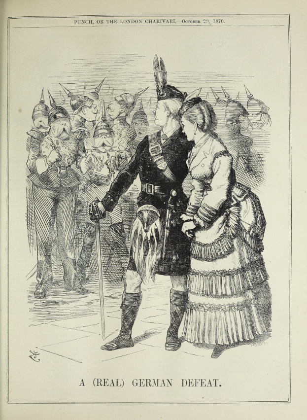 Zwei Personen stehen auf einem markierten Dokument vor einer Menge, wobei eine Person einen Stock hält.