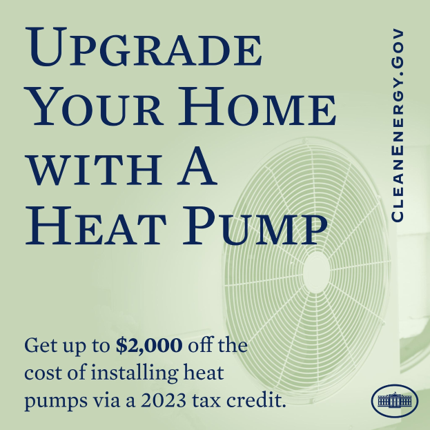 Plakat für Wärmepumpen-Upgrades im Haushalt, mit einem Bild einer Wärmepumpe und dem Text "Upgrade Your Home with a Heat Pump."