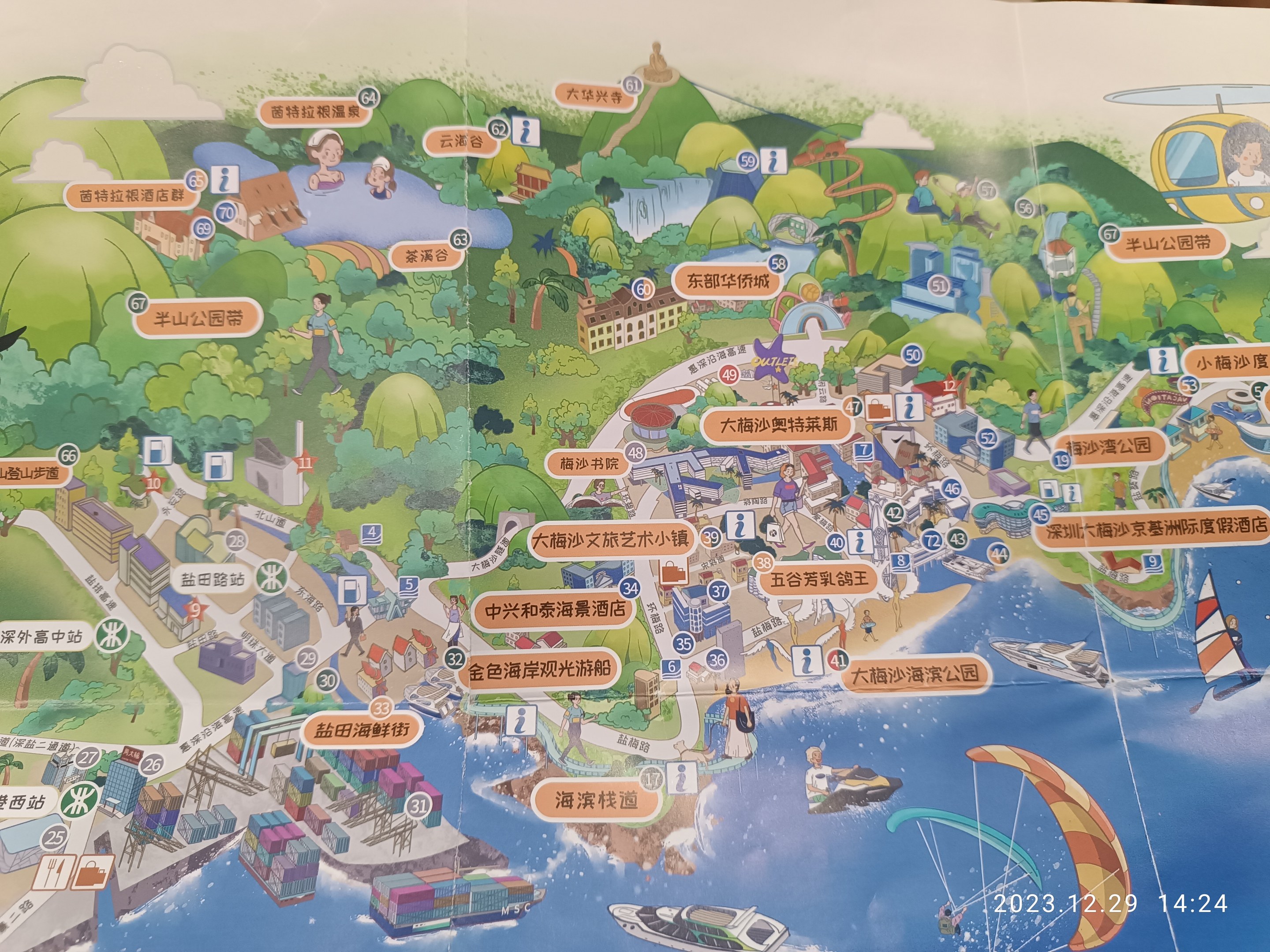 Ein buntes Stadtplanbild mit verschiedenen Attraktionen wie Bäumen, Gebäuden, Menschen, Booten und Paragliding, mit Text, der Informationen über die Orte bereitstellt.