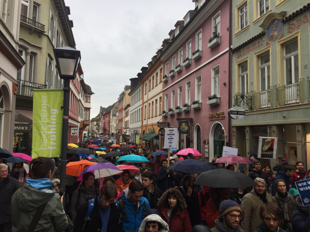 Große Gruppe von Menschen, die während eines Klimastreiks in Deutschland die Straße entlanggehen und Schirme sowie Schilder halten, mit Gebäuden und einem Laternenmast im Hintergrund.