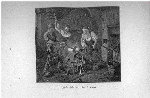 Ein Schwarz-Weiß-Foto von drei Männern in einer Schmiede, einer hält einen Hammer, mit einem Eimer und anderen Gegenständen drumherum und Text unten.