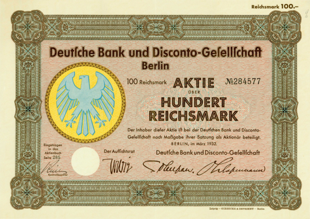 Deutsche Banknote von Deutsche Bank und Disconto-Gesellschaft Berlin mit einer Vogeldarstellung.