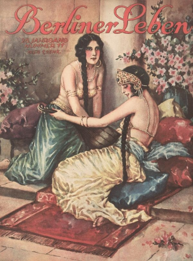 Plakat von zwei Frauen auf einem Bett umgeben von Kissen und Pflanzen mit Blumen, mit dem Text "Berliner Leben Magazin-Cover von Oktober 1931" oben.