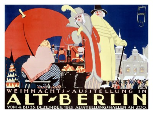 Plakat für eine Weihnachtsausstellung in altem Berlin mit einer bunten Illustration von Menschen, Gebäuden und Gegenständen und dem Text "Weihnachtsausstellung in Alt-Berlin" oben.