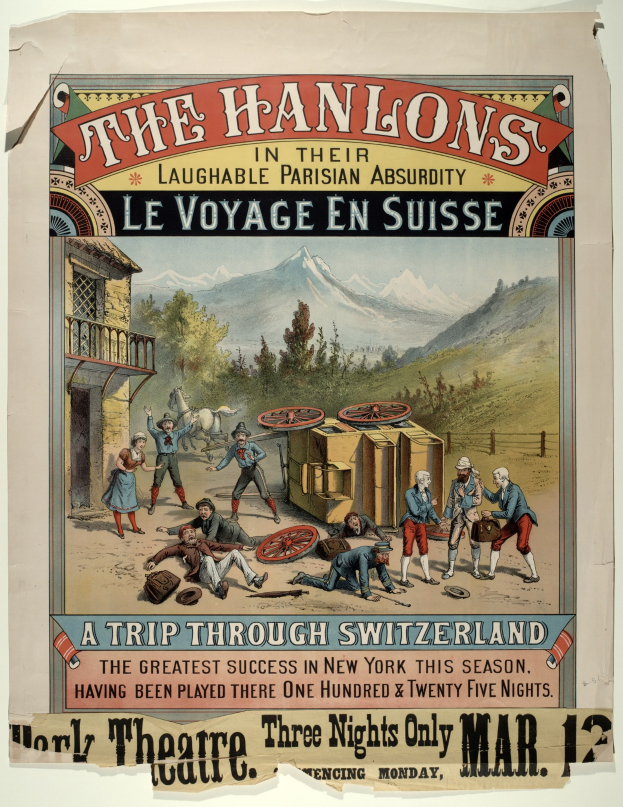 Plakat, das "Hanlons in ihrer lachhaften Pariser Absurdität Le Voyage en Suisse" ankündigt, zeigt eine Gruppe von Menschen, ein Gebäude, Bäume, Hügel und einen Himmel im Hintergrund mit Text.