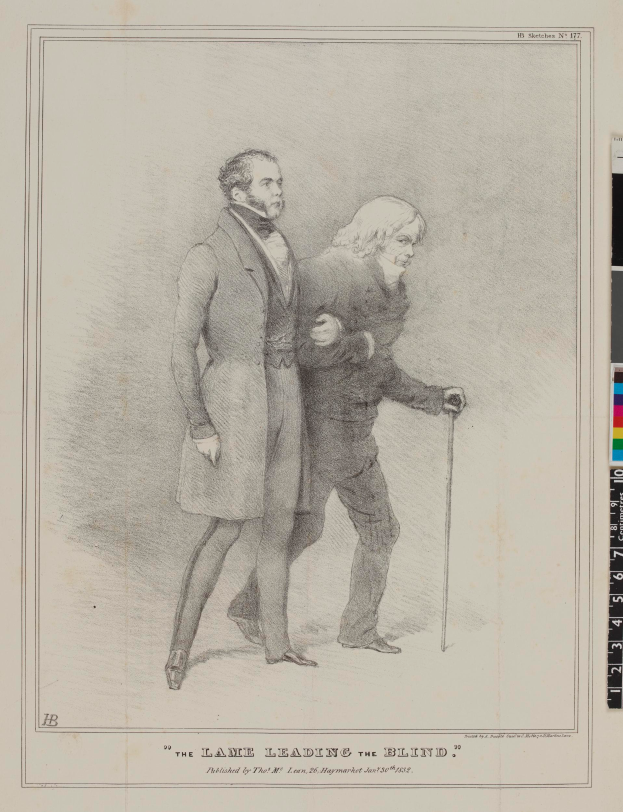 Zwei Männer stehen nebeneinander auf einem Papier mit Text und Farbskalen, einer hält einen Stock, mit dem Text "Der Weg des Blinden" auf dem Papier.