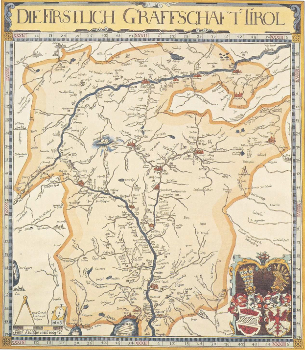 Ausführliches historisches Plakat der ersten Grafschaft Tirol-Karte, zeigt geografische Merkmale, Städte und begleitenden Text.