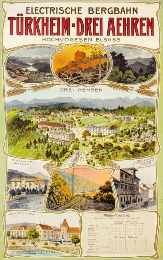 Plakat bewirbt Bergbahn, Deutschland, als Elektrostadt mit Bildern von Gebäuden, Bäumen, Hügeln und Beschriftung.