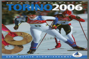Ein Plakat der Olympischen Spiele 2006 in Turin, Italien, das zwei Skifahrer auf dem Schnee zeigt, mit der Aufschrift "Turin 2006" darüber.