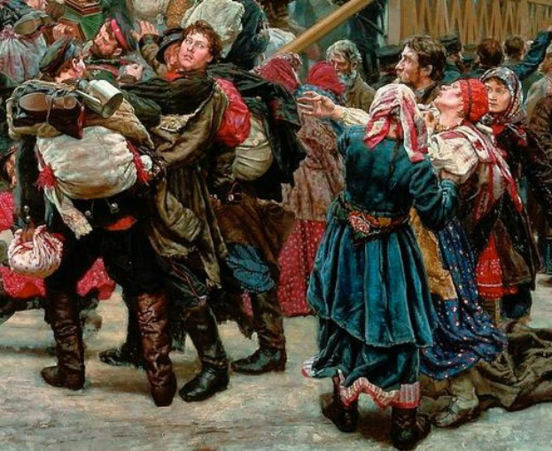 Gemälde, das eine lebhafte Gruppe von Menschen in traditioneller russischer Kleidung beim Tanzen zeigt, einige halten Gegenstände, vor einem Publikum mit einem hölzernen Haus im Hintergrund, das an eine Szene aus der russischen Revolution erinnert.