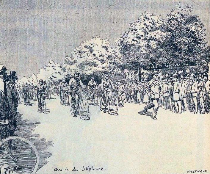 Eine bunte Illustration von Radfahrern in leuchtender Kleidung und Helmen, die eine baumbestandene Straße hinunterfahren, mit dem Text "Annie de Stipbane - Tour de France" unten.