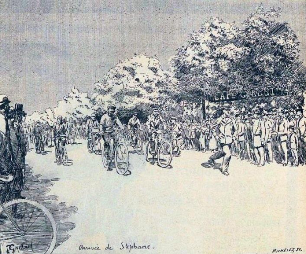 Eine bunte Illustration von Radfahrern in leuchtender Kleidung und Helmen, die eine baumbestandene Straße hinunterfahren, mit dem Text "Annie de Stipbane - Tour de France" unten.