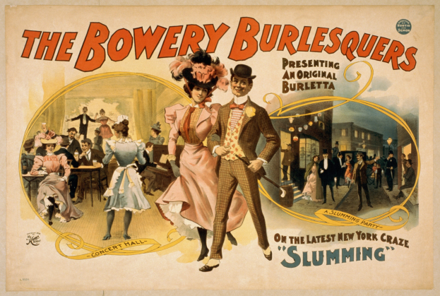 Plakat für "The Bowery Burlesquers" mit einer Gruppe von Tänzerinnen vor Gebäuden mit Textbeschreibung des Ereignisses.