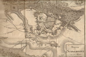 Ein detaillierter alter Stadtplan von Schweidnitz, Deutschland, der Straßen, Gebäude, Sehenswürdigkeiten und Textbeschreibungen zur Bevölkerung, Geschichte und Kultur der Stadt zeigt.