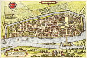 Ein detaillierter Stadtplan-Poster von Bremen, Deutschland, der Straßen, Gebäude, Sehenswürdigkeiten und begleitenden Text zeigt.
