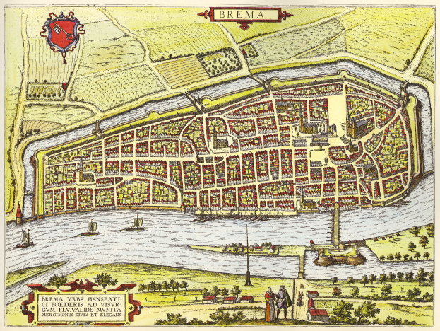 Ein detaillierter Stadtplan-Poster von Bremen, Deutschland, der Straßen, Gebäude, Sehenswürdigkeiten und begleitenden Text zeigt.