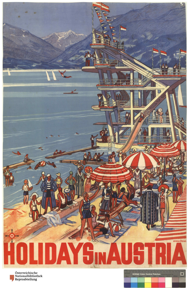 Plakat für Österreich-Urlaub mit Menschen am Strand mit Schirmen, einem Schiff, Fahnen und fernen Bergen.