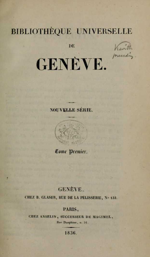 Ein altes Buch mit dem Titel "Bibliothèque Universitaire de Geneve" ist geöffnet und zeigt Text auf seinen Seiten.