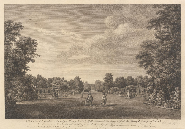 Gartenblick auf dem Ballhaus, Prinzenpalais, mit Bäumen, Menschen, einem Wagen, Pflanzen, Wolken und Text unten.