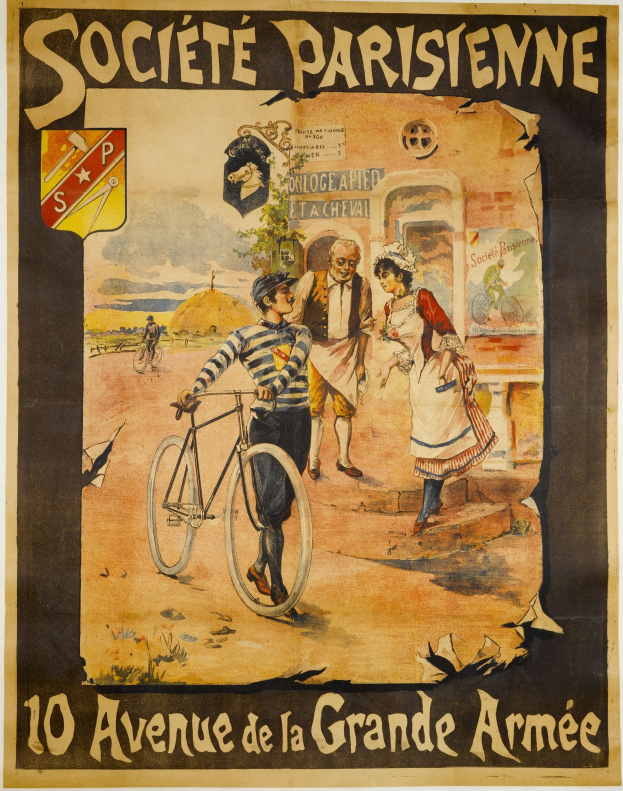 Plakat, das ein Fahrradrennen in Paris, Frankreich, ankündigt, das eine Gruppe von Menschen zeigt, von denen einer ein Fahrrad hält und ein Gebäude im Hintergrund zu sehen ist, mit Text, der die Ereignisinformationen enthält.