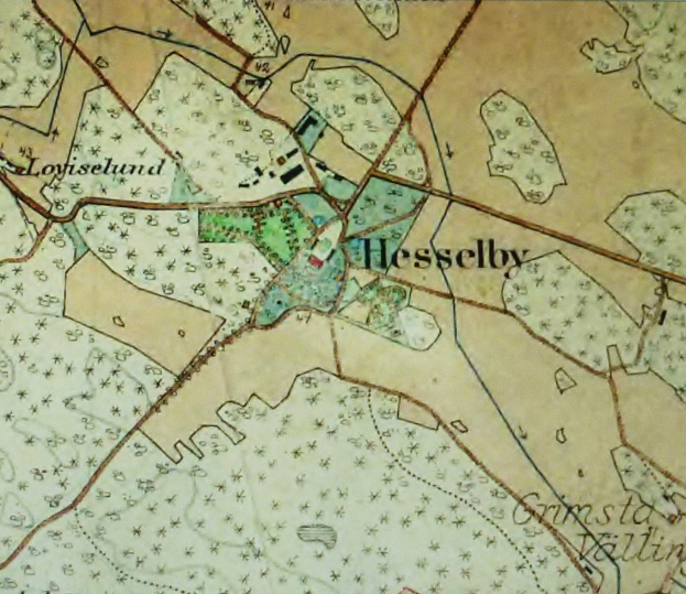 Ein altes Stadtplan von Hesselby, der Straßen, Gebäude und Sehenswürdigkeiten mit Text und Nummern zeigt.