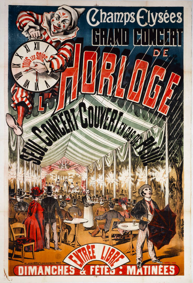 Ein Plakat, das ein großes Horloge-Konzert auf den Champs-Élysées ankündigt, mit einer Person in der Mitte, die einen Schirm hält, und einer Uhr im Hintergrund.