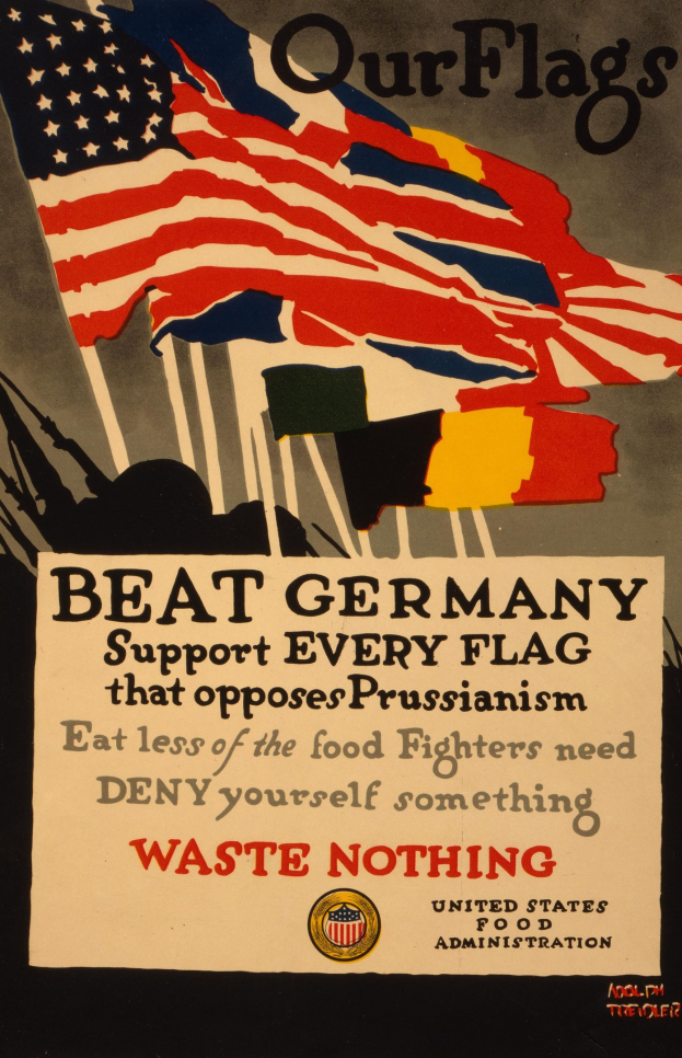 Ein Plakat mit einer roten, weißen und blauen Flagge mit einem weißen Stern, begleitet von fettem schwarzem Text, der "Unsere Flaggen schlagen Deutschland - Unterstützt jede Flagge, die gegen Preußentum kämpft" in einem weißen Rahmen lautet.